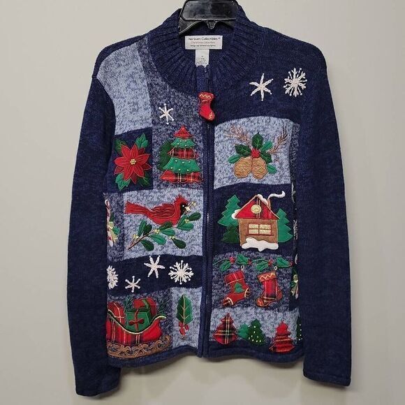 VTG Heirloom Collectibles Christmas Sweater SZ M Blue Winter Grandma Cottage Fun - Picture 1 of 6